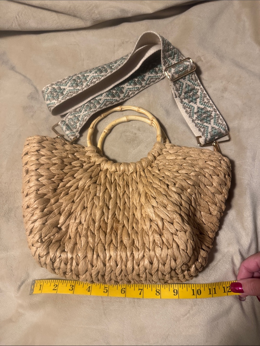 Handwoven Natural Straw Mini Bag with Bamboo Handles and Patterned Strap